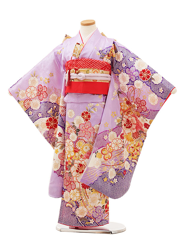 411ag34◎七五三 七歳 女児 着物&開き帯 鶴松竹藤 金彩 紅型風◎ 411ag34◎七五三 七歳 女児 着物&開き帯 鶴松竹藤 金彩 紅型風◎