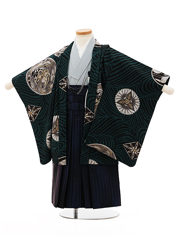 【賃借】お召しもの かんたん七五三(3歳男袴)W202 JAPANSTYLE 緑であること龍の丸×紫 3歳 袴（飾り気の無い着付け） フルセット お坊っちゃん 儀式用着 正月 3才 お坊っちゃん きもの賃借〔往復貨物輸送無料〕