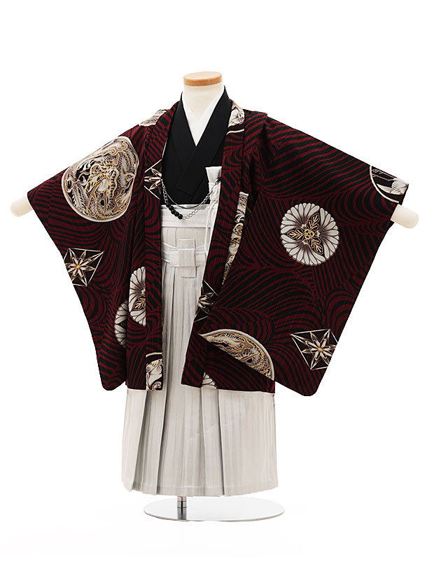 【賃借】御召しもの かんたん七五三(3歳男袴)W203 JAPANSTYLE エンジ色龍の丸×白 3歳 袴（飾り気の無い着付け） フルセット 御坊っちゃん 御祭り着 正月 3才 御坊っちゃん きもの賃借〔往復貨物輸送無料〕