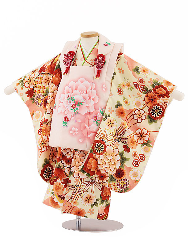 七五三 着物 3歳 レンタル 七五三 3歳 被布 セット 4558 ピンク花刺繍×クリームイエロー牡丹 女の子 七五三レンタル 3歳 女児 被布 七五三 三歳女児 被布コート 子供 お祝い着 正月 3歳 3才 きものレンタル 新品足袋プレゼント 往復送料無料【レンタル】