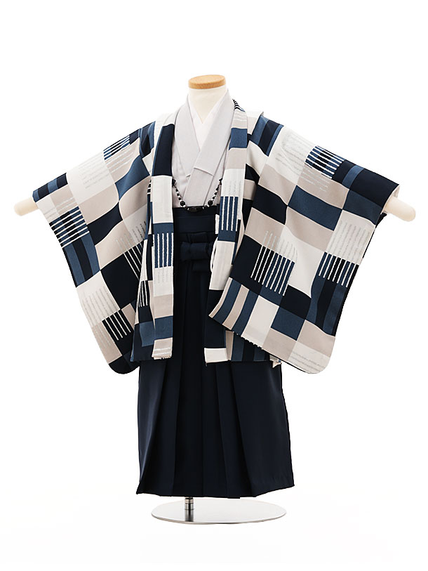 【レンタル】着物 七五三(3歳男袴)O144【ようよう】geometric ブルー×紺 3歳 袴 フルセット 男の子 お祝い着 正月 3才 男児 きものレンタル〔往復送料無料〕