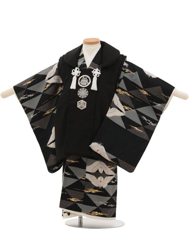 【賃借】お召しもの 七五三賃借(3歳お坊っちゃん厚地の外套)W410 LOWRYS FARM 黒うろこ 対い鶴 3歳 厚地の外套 フルセット お坊っちゃん 儀式用着 正月 3才 お坊っちゃん きもの賃借〔往復貨物輸送無料〕