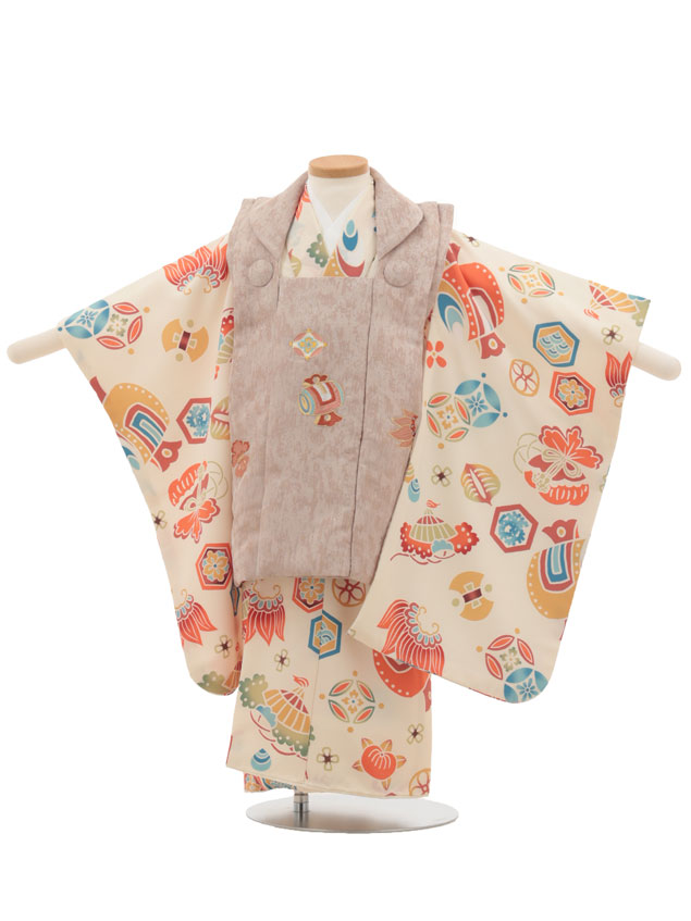 【賃借】御召しもの 七五三賃借(3歳御坊っちゃん厚地の外套)W414 花わらべ ベージュ×皮膚軟化剤宝尽し 3歳 厚地の外套 フルセット 御坊っちゃん 御祭り着 正月 3才 御坊っちゃん きもの賃借〔往復貨物輸送無料〕