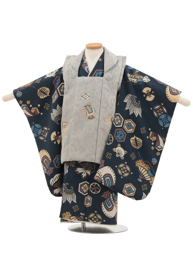 【賃借】お召しもの 七五三賃借(3歳お坊っちゃん厚地の外套)W415 花わらべ ミストグリーン×紺宝尽し 3歳 厚地の外套 フルセット お坊っちゃん 儀式用着 正月 3才 お坊っちゃん きもの賃借〔往復貨物輸送無料〕