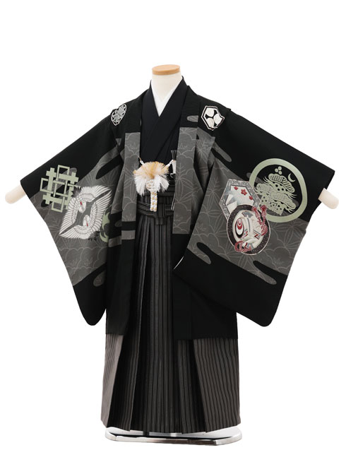 【賃借】御召しもの かんたん七五三(5歳男袴)X663 LOWRYS FARM 黒地 雲に白鷹×黒縞 5歳 袴（飾り気の無い着付け） フルセット 御坊っちゃん 御祭り着 正月 5才 御坊っちゃん きもの賃借〔往復貨物輸送無料〕