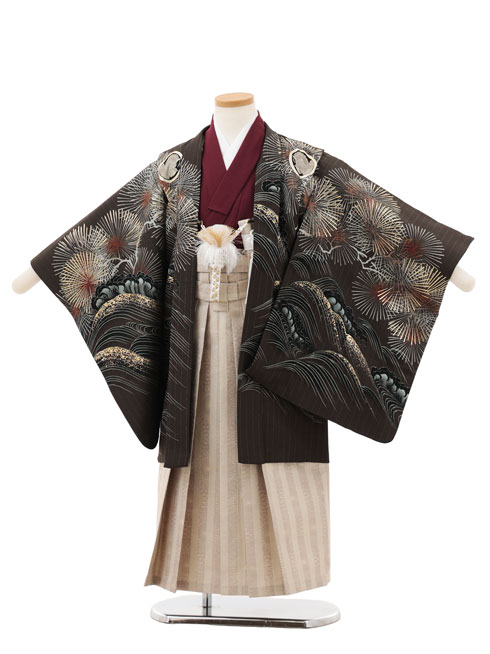 【賃借】御召しもの かんたん七五三(5歳男袴)X670 京舞 赤銅色松丸紋に鷹×ベージュ縞模様 5歳 袴（飾り気の無い着付け） フルセット 御坊っちゃん 御祭り着 正月 5才 御坊っちゃん きもの賃借〔往復貨物輸送無料〕