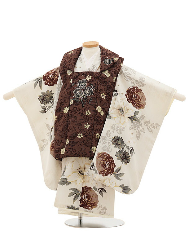 【賃借】御召しもの 七五三(3歳)4816 JILL STUART 赤銅色三色菫×象牙色花 3歳 厚地の外套 フルセット うしろ帯 御祭り着 正月 3才 御嬢さん きもの賃借〔往復貨物輸送無料〕