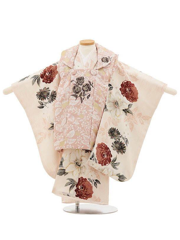 【賃借】御召しもの 七五三4817 JILL STUART ベージュピンクパンジー×淡サクラ色花 3歳 厚地の外套 フルセット うしろ帯 御祭り着 正月 3才 御嬢さん きもの賃借〔往復貨物輸送無料〕