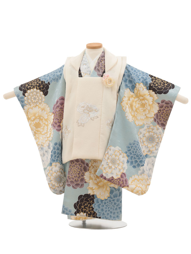 【レンタル】着物 七五三レンタル(3歳女児被布)4884 花わらべ アイボリー×アイスブルー華 3歳 被布 フルセット 女の子 お祝い着 正月 3才 女児 きものレンタル〔往復送料無料〕