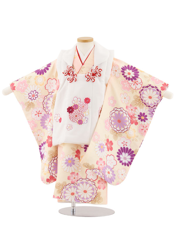 【レンタル】着物 七五三レンタル(3歳女児被布)4890 白花刺繍×クリームピンクぼかし菊 3歳 被布 フルセット 女の子 お祝い着 正月 3才 女児 きものレンタル〔往復送料無料〕