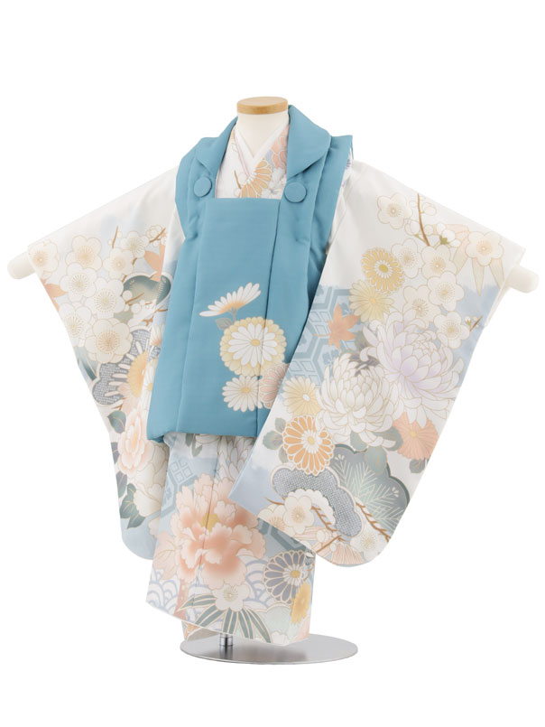 【レンタル】着物 七五三レンタル(3歳女児被布)4925 ターコイズブルー菊×白地牡丹に松竹梅 3歳 被布 フルセット 女の子 お祝い着 正月 3才 女児 きものレンタル〔往復送料無料〕