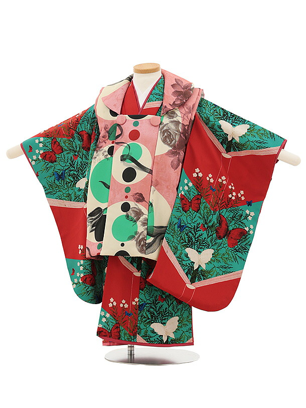 【レンタル】着物 七五三(3歳女児)O190【germer】連なる円ピンク×絵本赤グリーン 3歳 被布 フルセット 女の子 お祝い着 正月 3才 女児 きものレンタル〔往復送料無料〕|京都かしいしょう