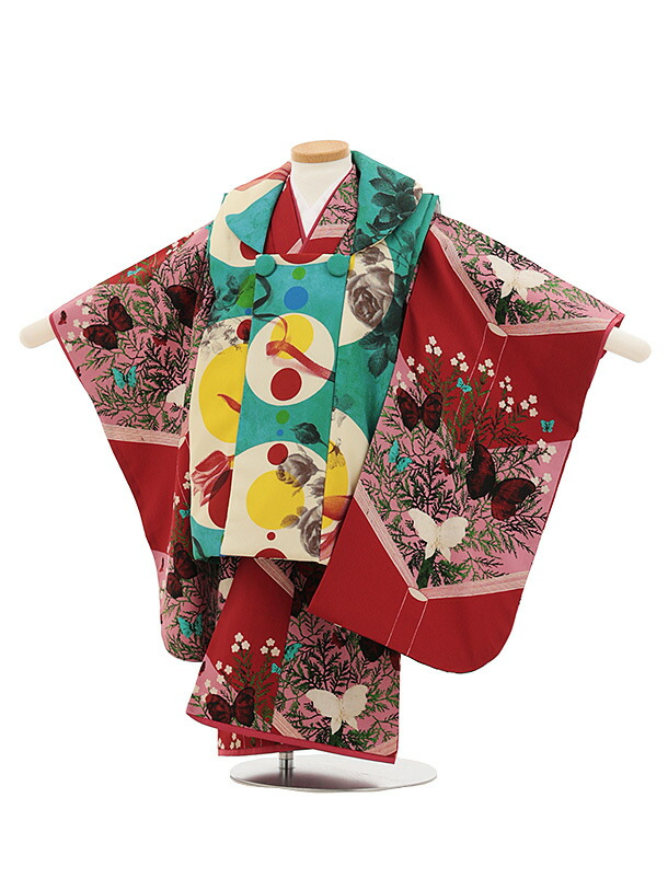 【レンタル】着物 七五三(3歳女児)O194【germer】連なる円グリーン×絵本ピンク 3歳 被布 フルセット 女の子 お祝い着 正月 3才 女児 きものレンタル〔往復送料無料〕