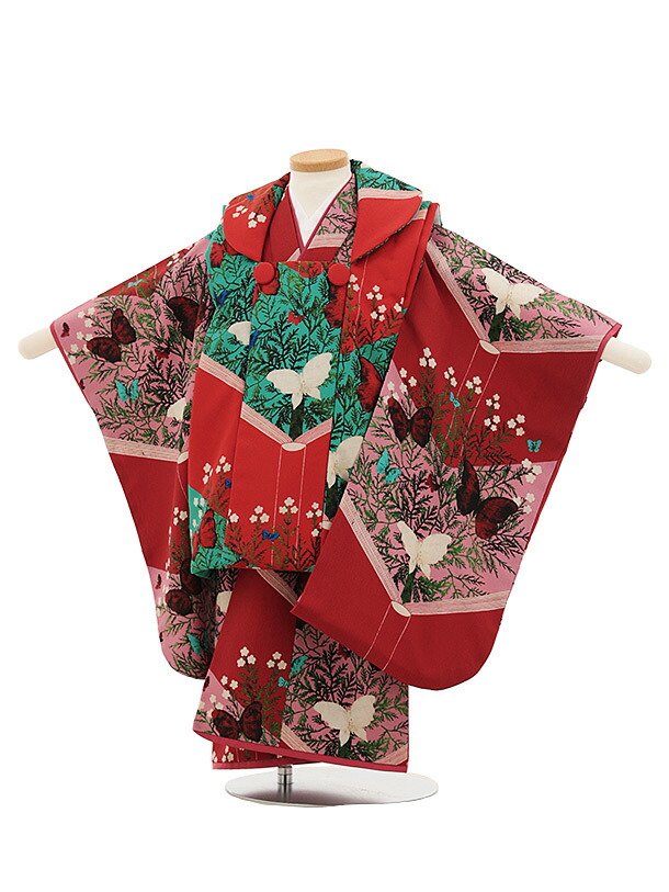 【レンタル】着物 七五三(3歳女児)O195【germer】絵本赤グリーン×赤ピンク 3歳 被布 フルセット 女の子 お祝い着 正月 3才 女児 きものレンタル〔往復送料無料〕