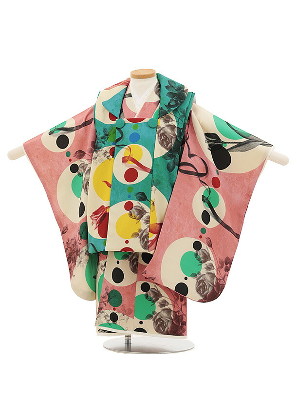 【レンタル】着物 七五三(3歳女児被布)O197【germer】連なる円グリーン×ピンク 3歳 被布 フルセット 女の子 お祝い着 正月 3才 女児 きものレンタル〔往復送料無料〕