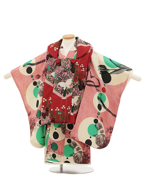 【レンタル】着物 七五三(3歳女児)O199【germer】絵本赤ピンク×連なる円ピンク 3歳 被布 フルセット 女の子 お祝い着 正月 3才 女児 きものレンタル〔往復送料無料〕