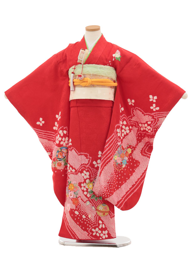 【レンタル】着物 七五三(7歳結び帯)Y455【正絹】赤地 刺繍鞠 花 7歳 結び帯 フルセット 女の子 お祝い着 正月 7才 女児 きものレンタル〔往復送料無料〕|京都かしいしょう