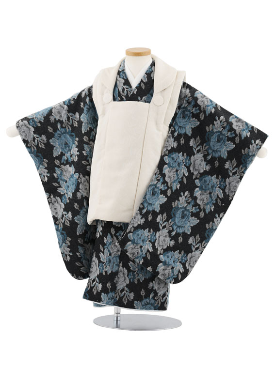 【レンタル】着物 七五三レンタル(3歳男児被布)W485 オフホワイト×黒地花 3歳 被布 フルセット 男の子 お祝い着 正月 3才 男児 きものレンタル〔往復送料無料〕
