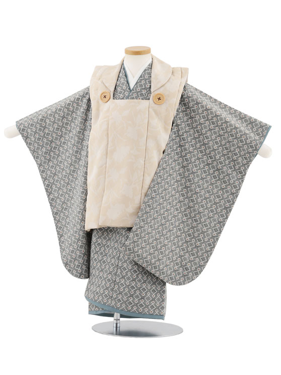 【レンタル】着物 七五三レンタル(3歳男児被布)W493 ベージュ×グレー松皮菱紋 3歳 被布 フルセット 男の子 お祝い着 正月 3才 男児 きものレンタル〔往復送料無料〕
