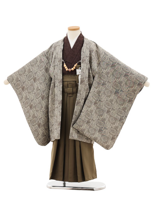 【賃借】お召しもの かんたん(5歳男袴)X613 ラフィネココ グレージュ変わり柄×モスグリーン 5歳 袴（飾り気の無い着付け） フルセット お坊っちゃん 儀式用着 正月 5才 お坊っちゃん きもの賃借〔往復貨物輸送無料〕