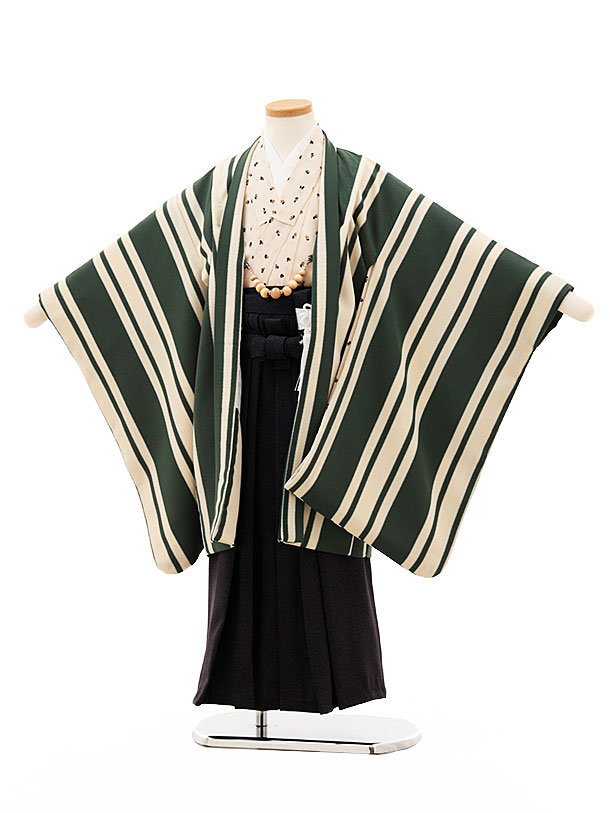 【賃借】お召しもの かんたん(5歳男袴)X617 ラフィネココ 象牙色緑縞模様×ジーンズ調 5歳 袴（飾り気の無い着付け） フルセット お坊っちゃん 儀式用着 正月 5才 お坊っちゃん きもの賃借〔往復貨物輸送無料〕