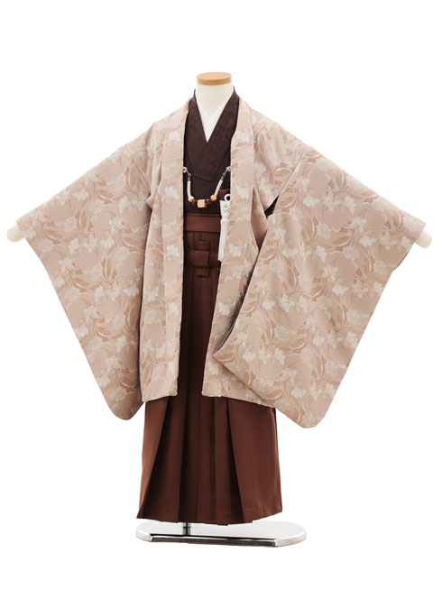 【賃借】お召しもの かんたん七五三(5歳男袴)X623 ラフィネココ ベージュ御花×赤銅色 5歳 袴（飾り気の無い着付け） フルセット お坊っちゃん 儀式用着 正月 5才 お坊っちゃん きもの賃借〔往復貨物輸送無料〕