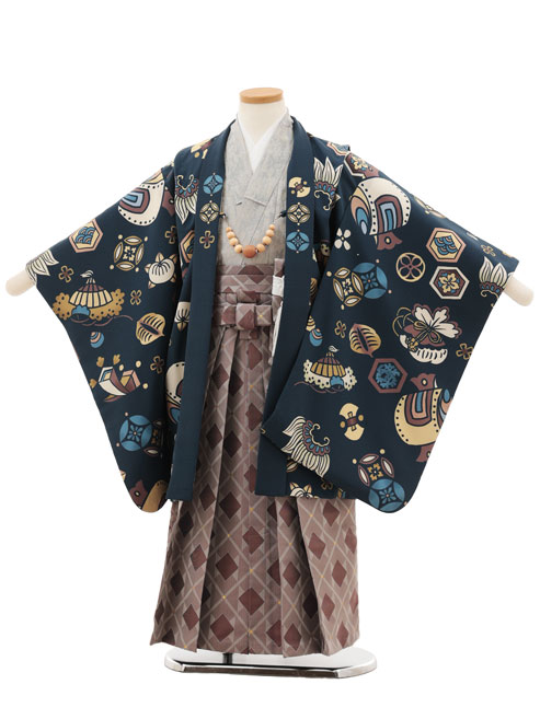 【賃借】御召しもの 七五三賃借(5歳男袴)X633 花わらべ 紺 宝尽くし×パープルブラウン 5歳 袴 フルセット 御坊っちゃん 御祭り着 正月 5才 御坊っちゃん きもの賃借〔往復貨物輸送無料〕