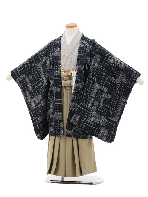 【賃借】お召しもの 七五三賃借(5歳男袴)X637 花わらべ ネイビーペイズリー×モカベージュ 5歳 袴 フルセット お坊っちゃん 儀式用着 正月 5才 お坊っちゃん きもの賃借〔往復貨物輸送無料〕