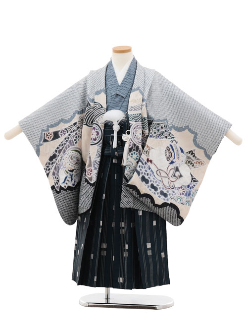 【賃借】お召しもの 七五三賃借(5歳男袴)X656 薄墨色疋田調 熨斗兜×紺 5歳 袴 フルセット お坊っちゃん 儀式用着 正月 5才 お坊っちゃん きもの賃借〔往復貨物輸送無料〕