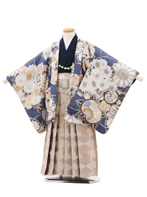 【レンタル】着物 かんたん七五三(5歳男袴)X675 ブルー橘桜&times;ベージュ 5歳 袴（簡単着付け） フルセット 男の子 お祝い着 正月 5才 男児 きものレンタル〔往復送料無料〕｜京都かしいしょう
