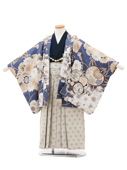 【レンタル】着物 かんたん七五三(5歳男袴)X677 ブルー橘桜&times;アイボリー 5歳 袴（簡単着付け） フルセット 男の子 お祝い着 正月 5才 男児 きものレンタル〔往復送料無料〕｜京都かしいしょう