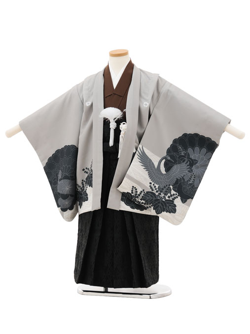 【賃借】お召しもの 七五三賃借(5歳男袴)X688 グレージュ桐鶴×黒 5歳 袴 フルセット お坊っちゃん 儀式用着 正月 5才 お坊っちゃん きもの賃借〔往復貨物輸送無料〕