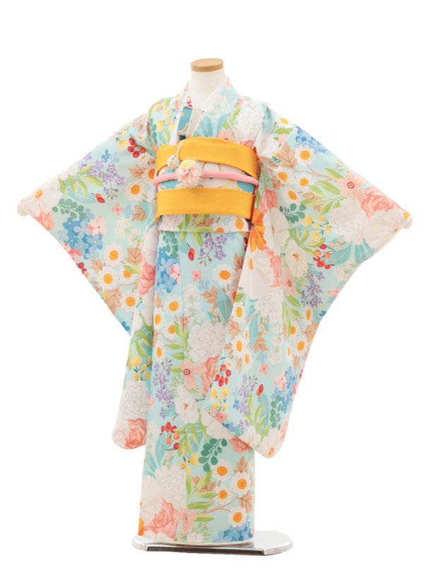 【賃借】御召しもの 七五三(5歳御嬢さん)0661 花わらべ 水色 派手御花 5歳 挙げ句の果て帯 フルセット うしろ帯 御祭り着 正月 5才 御嬢さん きもの賃借〔往復貨物輸送無料〕
