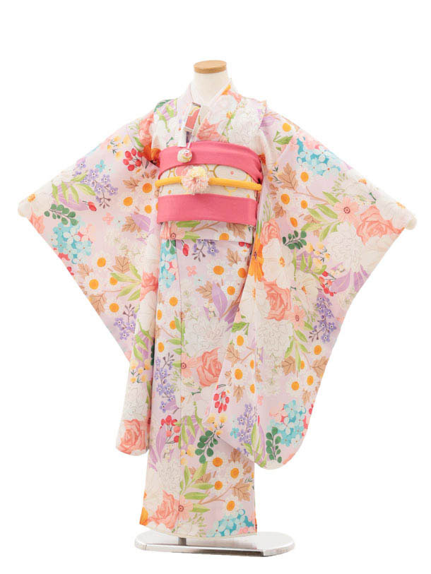 【賃借】御召しもの 七五三(5歳御嬢さん)0662 花わらべ ピンクパープル 派手御花 5歳 挙げ句の果て帯 フルセット うしろ帯 御祭り着 正月 5才 御嬢さん きもの賃借〔往復貨物輸送無料〕