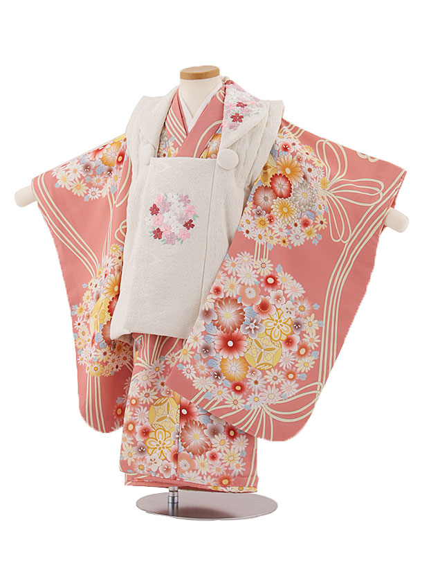 七五三 着物 3歳 レンタル 七五三 3歳 被布 セット 4600 アイボリー刺繍桜&times;ピンク薬玉 女の子 七五三レンタル 3歳 女児 被布 七五三 三歳女児 被布コート 子供 お祝い着 正月 3歳 3才 きものレンタル 新品足袋プレゼント 往復送料無料【レンタル】｜京都かしいしょう