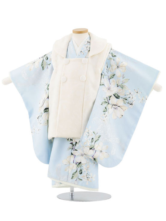 【賃借】お召しもの 七五三(3歳御嬢さん)4960 Sugar Kei 象牙色×水色ゴールドリリー花 3歳 厚地の外套 フルセット 御姉さん 儀式用着 正月 3才 御嬢さん きもの賃借〔往復貨物輸送無料〕