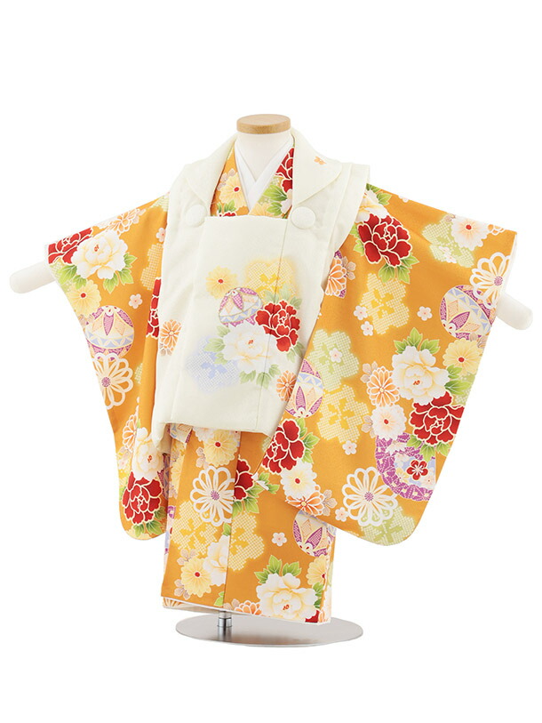 【レンタル】着物 七五三レンタル(2歳女被布)4991 アイボリー×山吹色 鞠と古典花 2歳 被布 フルセット 女の子 お祝い着 正月 2才 女児 きものレンタル〔往復送料無料〕