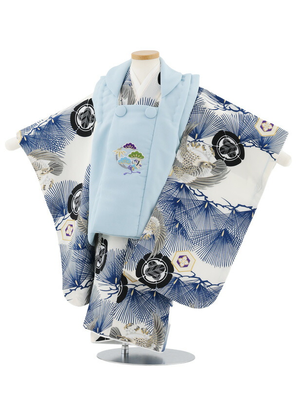 【レンタル】着物 七五三レンタル(3歳男児被布)W513 小町kids 水色刺繍×鷹に家紋 3歳 被布 フルセット 男の子 お祝い着 正月 3才 男児 きものレンタル〔往復送料無料〕