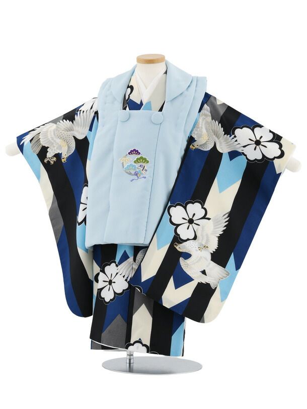 【レンタル】着物 七五三レンタル(3歳男児被布)W520 小町kids 水色刺繍×青ストライプに鷹 3歳 被布 フルセット 男の子 お祝い着 正月 3才 男児 きものレンタル〔往復送料無料〕