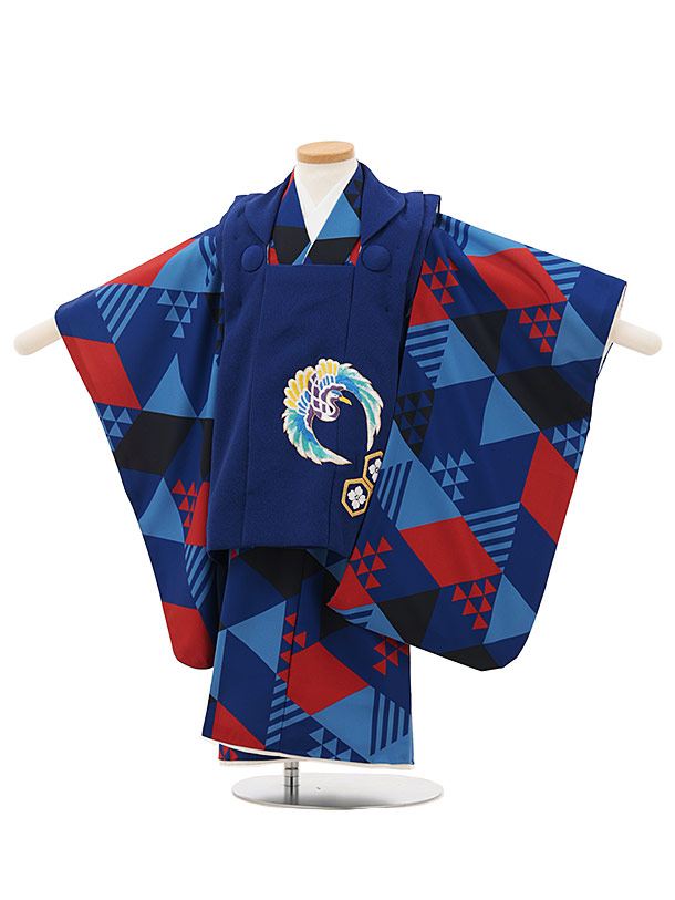 【レンタル】着物 七五三レンタル(3歳男児被布)W523 青地刺繍鶴丸&times;青幾何学模様 3歳 被布 フルセット 男の子 お祝い着 正月 3才 男児 きものレンタル〔往復送料無料〕｜京都かしいしょう