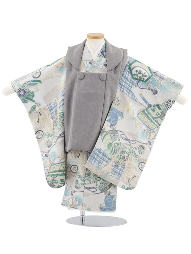 【レンタル】着物 七五三レンタル(3歳男児被布)W529 グレー×グレー兜に松 3歳 被布 フルセット 男の子 お祝い着 正月 3才 男児 きものレンタル〔往復送料無料〕