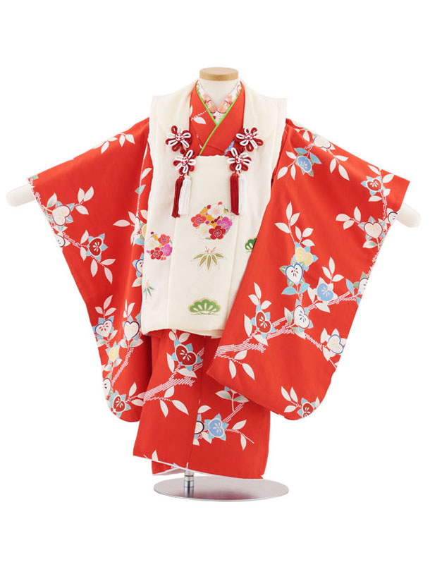 【レンタル】着物 七五三レンタル(3歳女児被布)S002【正絹】アイボリー松竹梅×紅色橘 3歳 被布 フルセット 女の子 お祝い着 正月 3才 女児 きものレンタル〔往復送料無料〕|京都かしいしょう