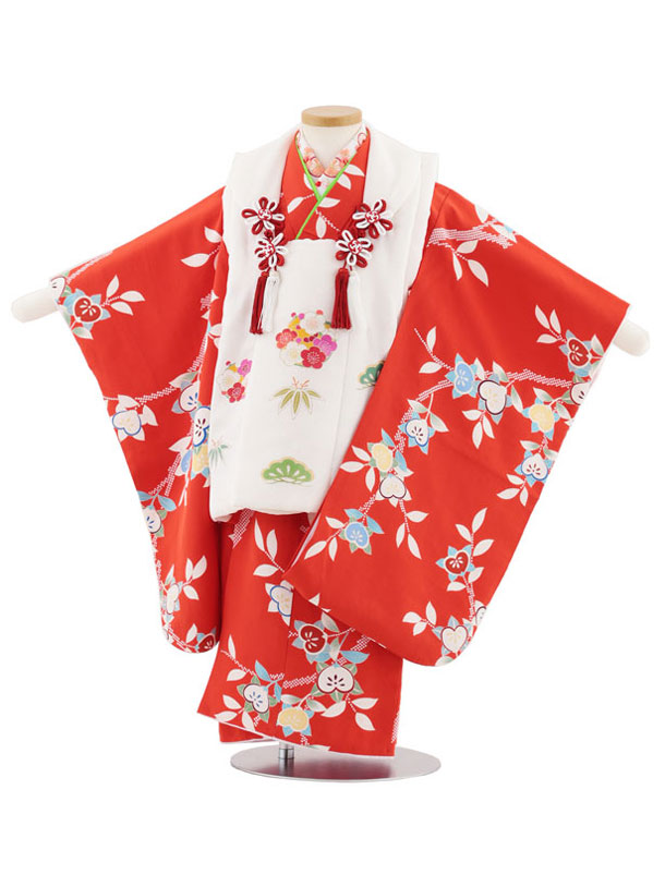 【レンタル】着物 七五三レンタル(3歳女児被布)S003【正絹】白地松竹梅×紅色橘 3歳 被布 フルセット 女の子 お祝い着 正月 3才 女児 きものレンタル〔往復送料無料〕