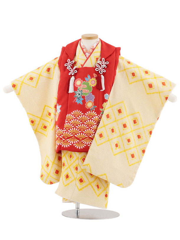 【レンタル】着物 七五三レンタル(3歳女児被布)S004【正絹】赤地紅型&times;ベージュ絞り柄 3歳 被布 フルセット 女の子 お祝い着 正月 3才 女児 きものレンタル〔往復送料無料〕｜京都かしいしょう 14,850円