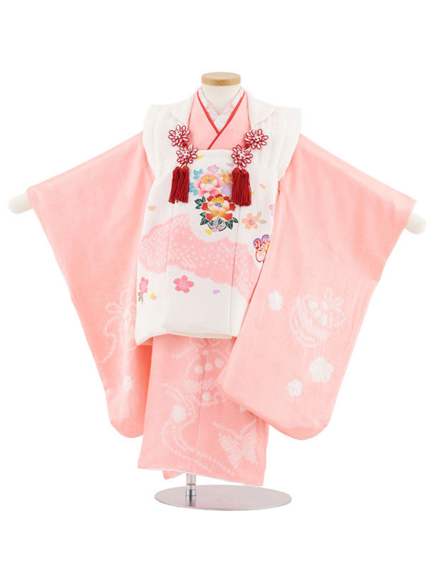 【レンタル】着物 七五三レンタル(3歳女児被布)S010【正絹】白地花籠×ピンク 鈴と蝶 3歳 被布 フルセット 女の子 お祝い着 正月 3才 女児 きものレンタル〔往復送料無料〕