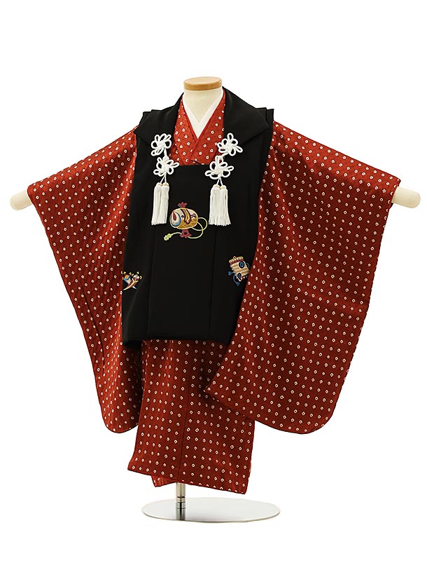 被布 レンタル 男児 七五三 被布 着物 レンタル 七五三 2900【正絹】黒刺繍小槌x赤茶色 正絹 3歳男の子 七五三 男児 着物 3歳 子供 きもの 被布 セット お正月 和装 お祝い 3才 3歳 男の子 被布コート 新品足袋プレゼント 往復送料無料【レンタル】