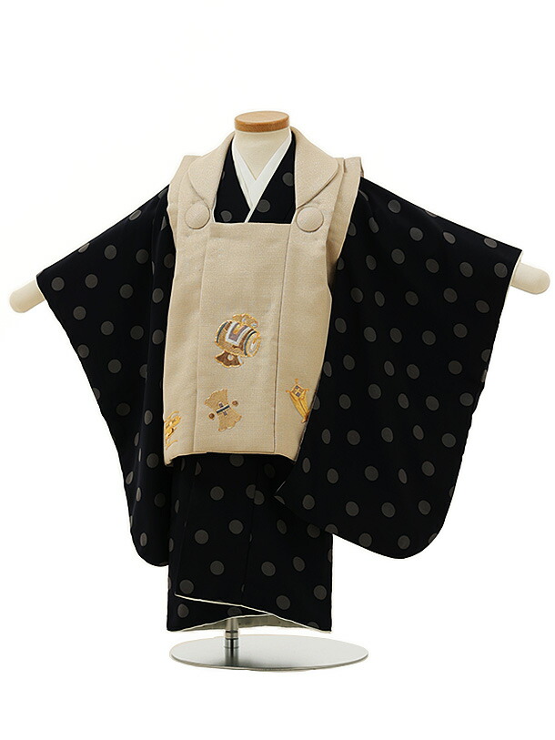 被布 レンタル 男児 七五三 被布 着物 レンタル 七五三 2989ベージュ小槌刺繍×ネイビードット 2歳男の子 七五三 男児 着物 2歳 子供 きもの 被布 セット お正月 和装 お祝い 2才 2歳 男の子 被布コート 新品足袋プレゼント 往復送料無料【レンタル】