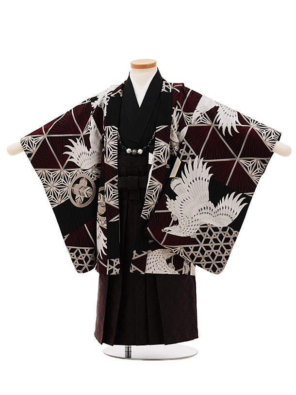 【賃借】御召しもの かんたん七五三(3歳男袴)W085JAPANSTYLE黒エンジ組子紋様鷹x茶 3歳 袴（飾り気の無い着付け） フルセット 御坊っちゃん 御祭り着 正月 3才 御坊っちゃん きもの賃借〔往復貨物輸送無料〕