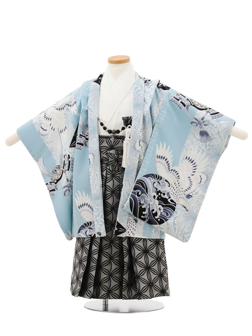 【賃借】御召しもの かんたん(3.4歳袴)W466 JAPAN STYLE 水色 鷹に乱菊縞×薄墨色 3歳 袴（飾り気の無い着付け） フルセット 御坊っちゃん 御祭り着 正月 3才 御坊っちゃん きもの賃借〔往復貨物輸送無料〕