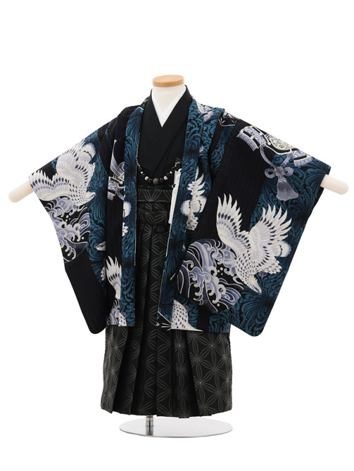 【賃借】お召しもの かんたん(3.4歳お坊っちゃん袴)W467 JAPAN STYLE 紺地 鷹に乱菊縞×黒 3歳 袴（飾り気の無い着付け） フルセット お坊っちゃん 儀式用着 正月 3才 お坊っちゃん きもの賃借〔往復貨物輸送無料〕